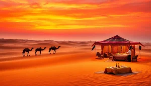 Agafay desert camel ride and dinner with a show at sunset featuring vibrant tents and camel caravan.