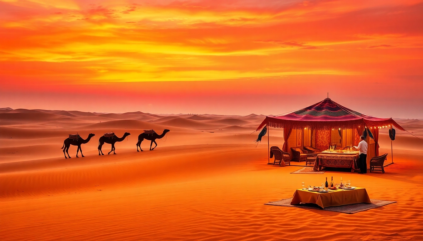 Agafay desert camel ride and dinner with a show at sunset featuring vibrant tents and camel caravan.