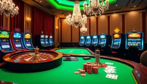 A thrilling casino scene with vibrant poker chips and elegant tables, showcasing excitement for s8.com gamblers.