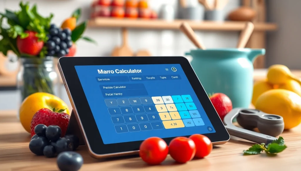 Interactive macro calculator tool used for personalized nutrition analysis in a bright kitchen setting.