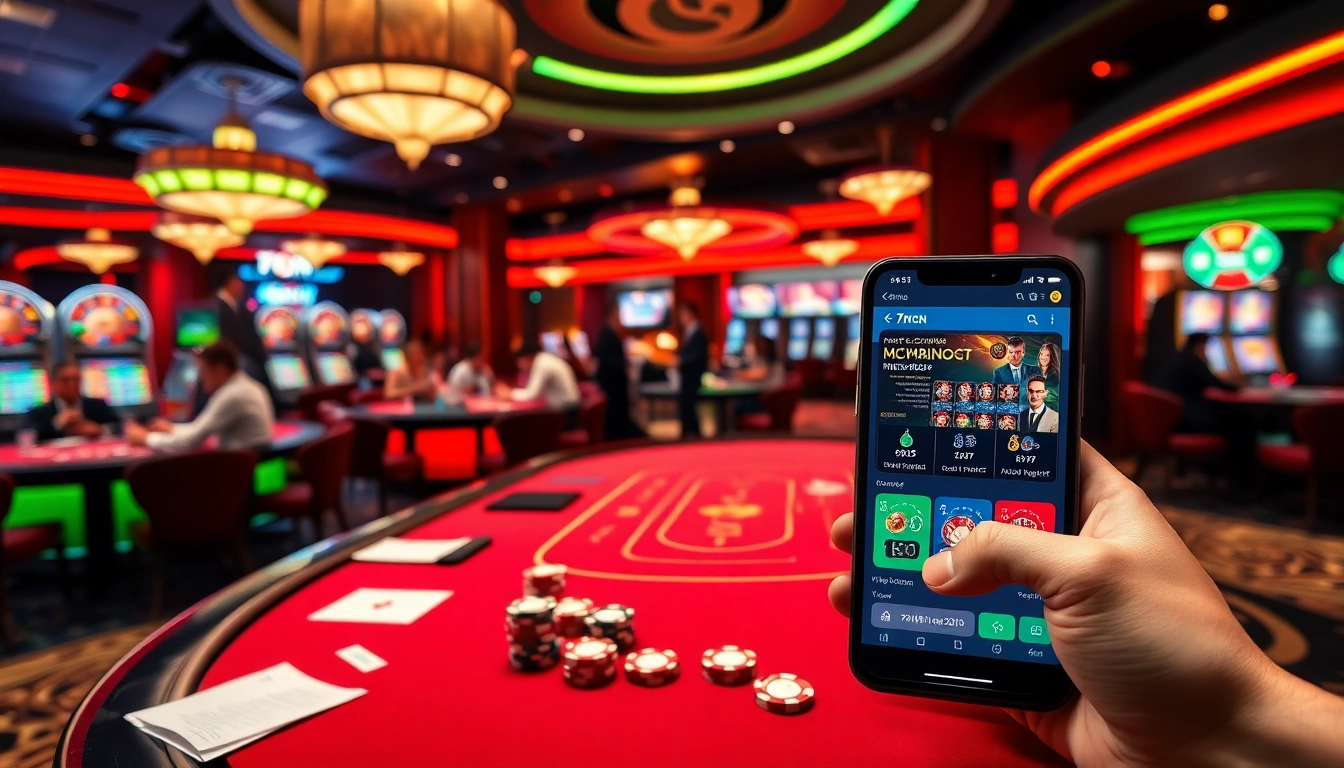 Experience dynamic gambling thrills with 7mcn at an exciting poker table surrounded by colorful casino elements.