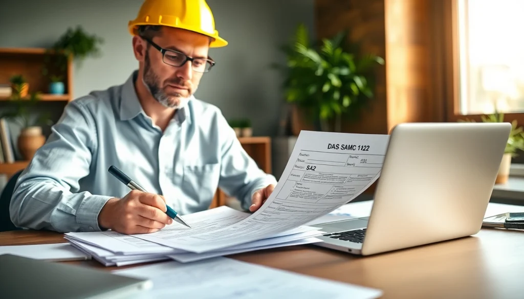 Contractor diligently completing the DAS 142 form in a professional office environment.