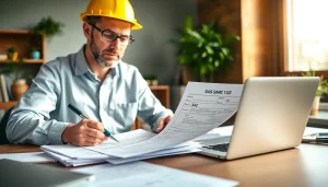 Contractor diligently completing the DAS 142 form in a professional office environment.