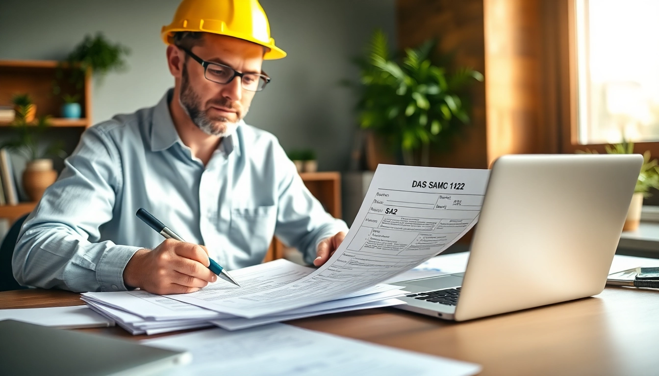 Contractor diligently completing the DAS 142 form in a professional office environment.