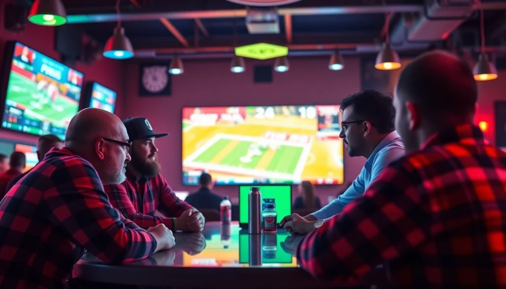 Engaging Alabama sports betting scene with friends discussing bets in a lively atmosphere.