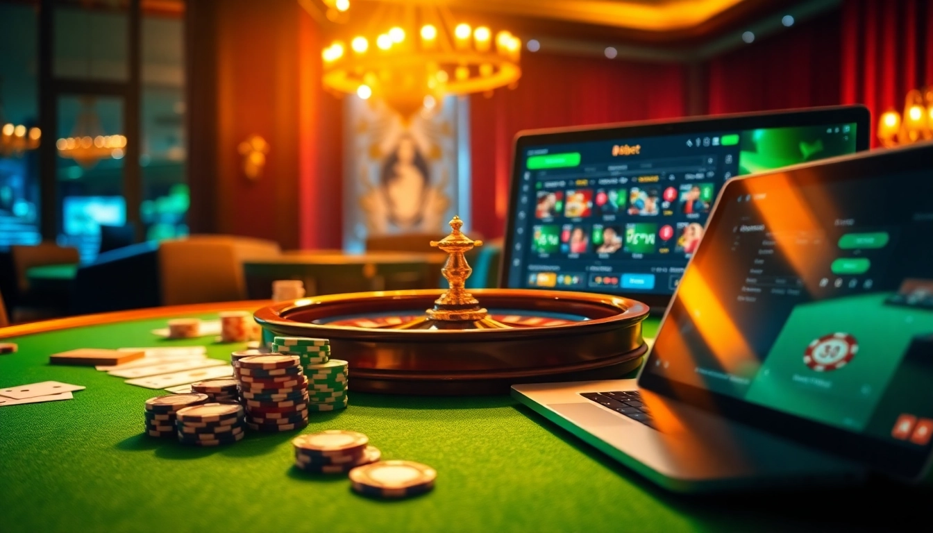 Exciting online gambling scene with f8bet showcasing casino tables, chips, and laptops.