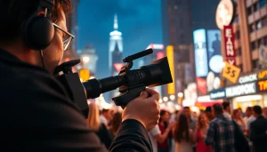 Videographer filming a dynamic event in an illuminated urban setting.