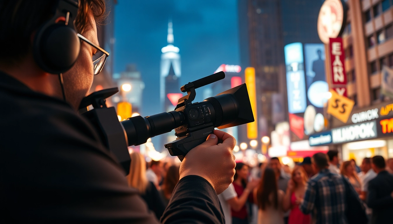 Videographer filming a dynamic event in an illuminated urban setting.