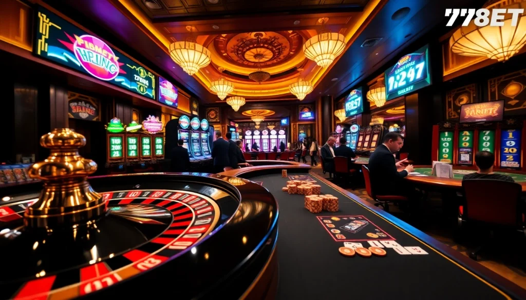 Experience thrilling games at 789BET with vibrant casino tables and excited players engaged in action.