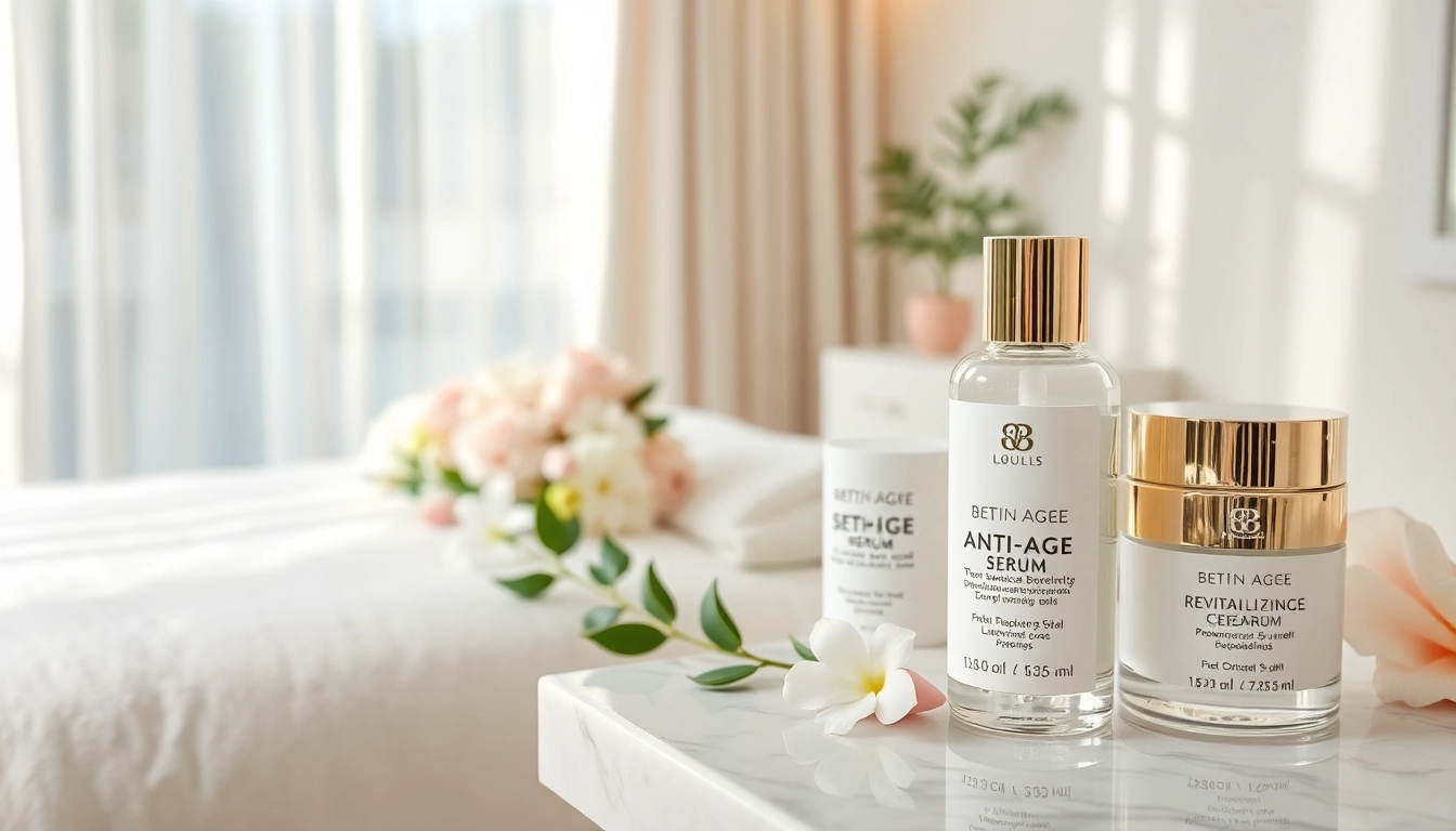 Antiåldrande hudvårdsprodukter i en lugn spamiljö med rofyllda färger och detaljer.