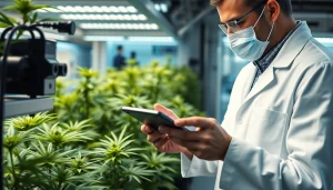 Cannabis research laboratory showcasing innovative studies related to win55, featuring a scientist analyzing data.