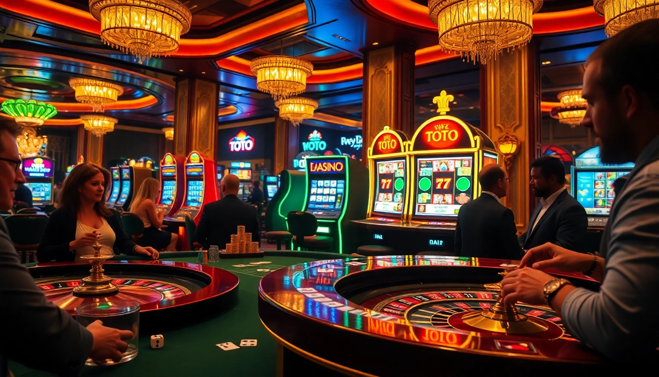 Para pemain antusias memutar mesin Toto Slot di tengah atmosfer kasino yang semarak.