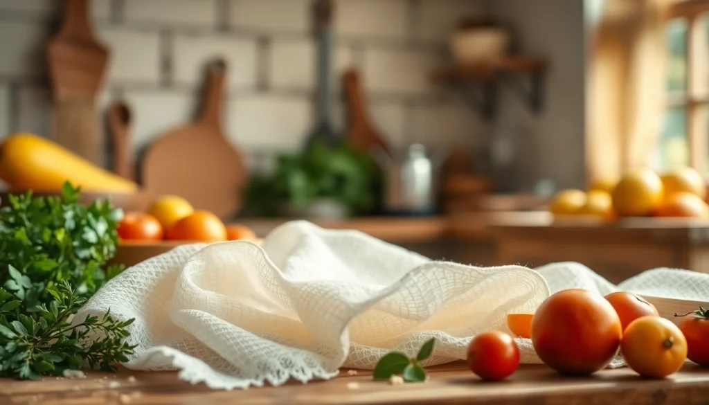 Kaasdoek gebruikt voor het zeven van vloeistoffen en het maken van kaas in een rustieke keuken.