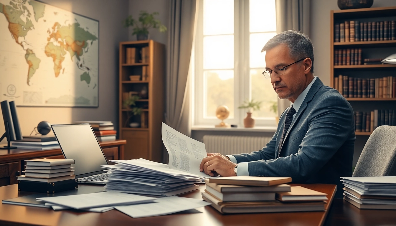 Traducteur assermenté italien travaillant assidûment dans un bureau professionnel, entouré de documents juridiques, symbolisant la confiance et la précision.