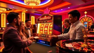 Players enjoying the doaslot slot machine in a vibrant casino atmosphere.