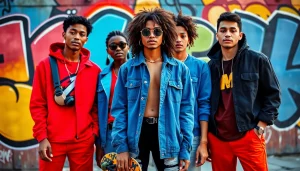 The RageOff fashion line showcased by trendy young adults in a vibrant urban setting.