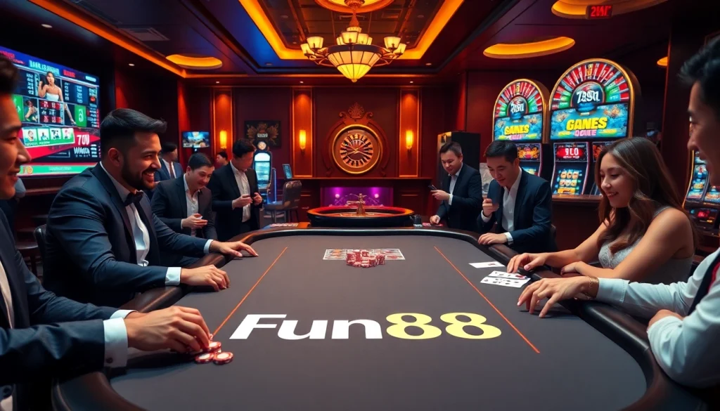 Players engaging in online gambling with Fun88-themed casino games and vibrant atmosphere.