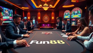 Players engaging in online gambling with Fun88-themed casino games and vibrant atmosphere.