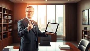 Eminent domain lawyer confidently presenting property maps in a modern legal office.