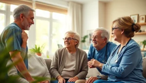 Caregivers provide compassionate austin senior home care to a smiling elderly couple in a cozy living room.