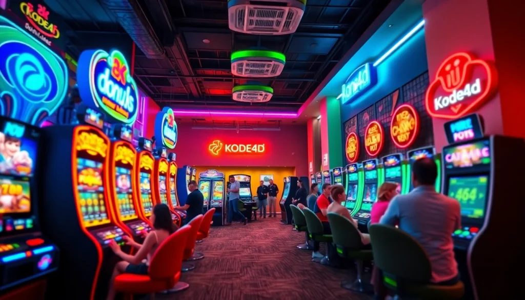 Kode4d gaming lounge showcasing vibrant slot machines and engaging players in a welcoming environment.