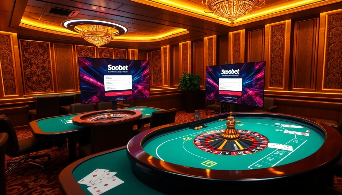 Experience sbobet login terbaru with dynamic online gambling visuals showcasing poker and roulette.
