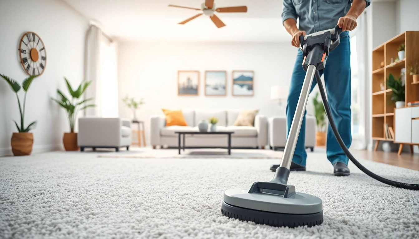 Engaging carpet cleaners Lincoln CA at work in a bright, tidy living room.