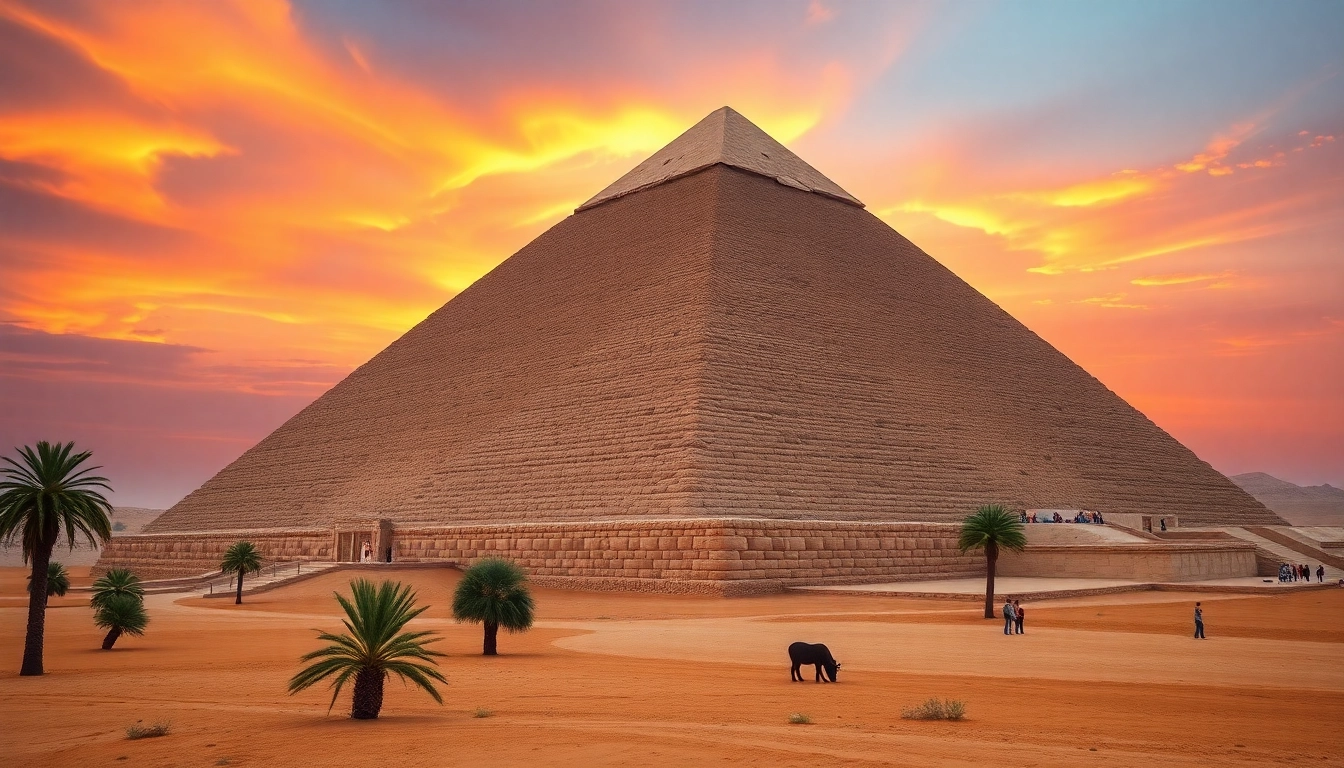 Discover the grandeur of piraminds through a stunning view of the Great Pyramid of Giza at sunset.