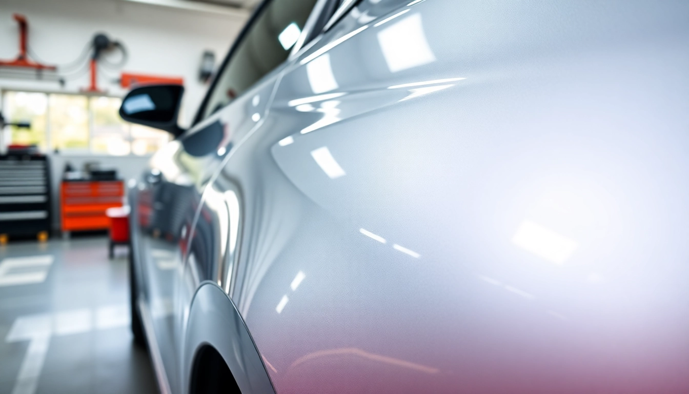 Apply paint protection film near me on a vehicle in a professional automotive workshop.