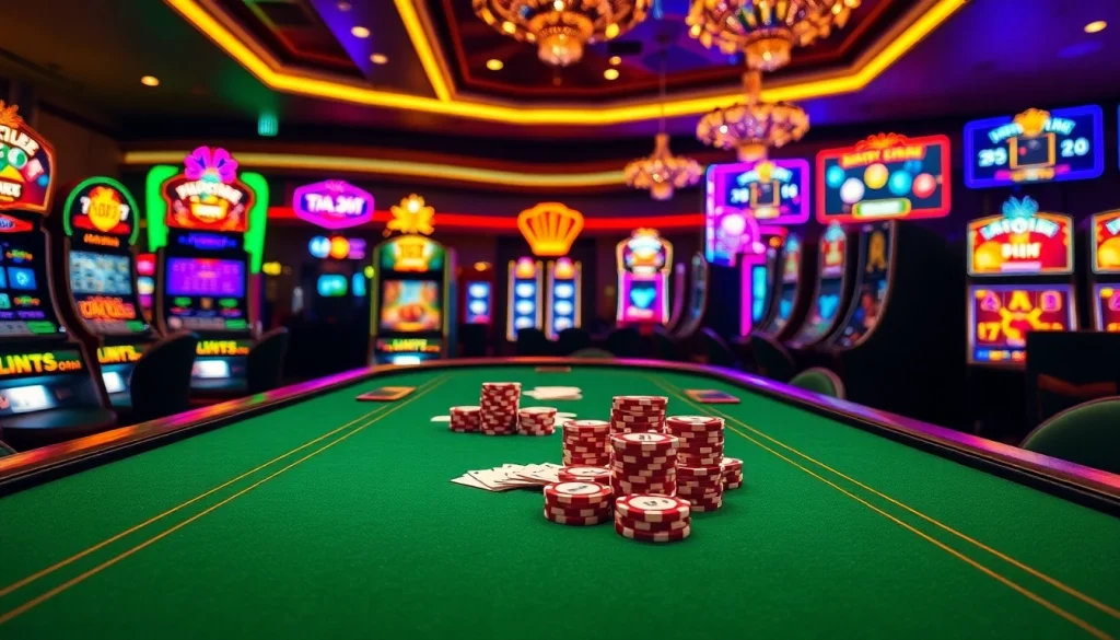 Exciting gaming experience at 789club featuring vibrant casino tables, poker chips, and slot machines.