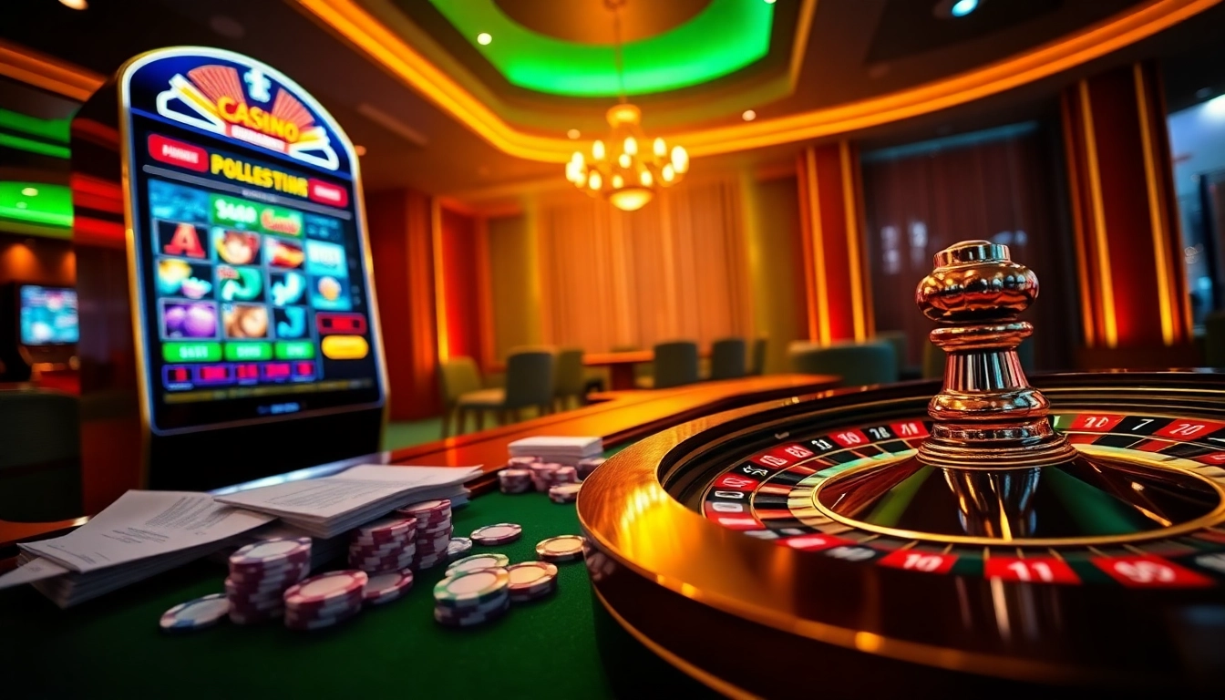 Situs deposit 5k action with vibrant casino ambiance featuring roulette, slot machine, and poker elements.