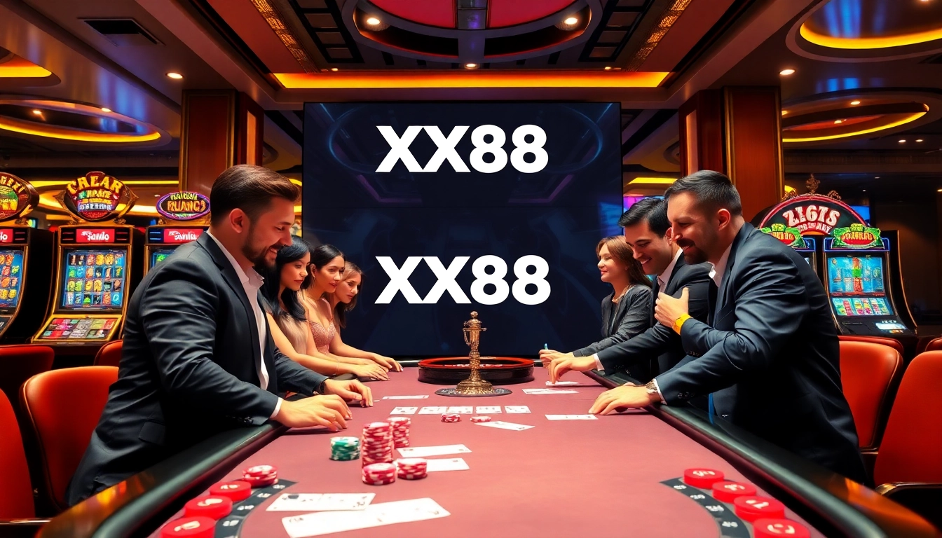 Place bets at XX88.today's vibrant casino scene with gaming tables and slot machines.