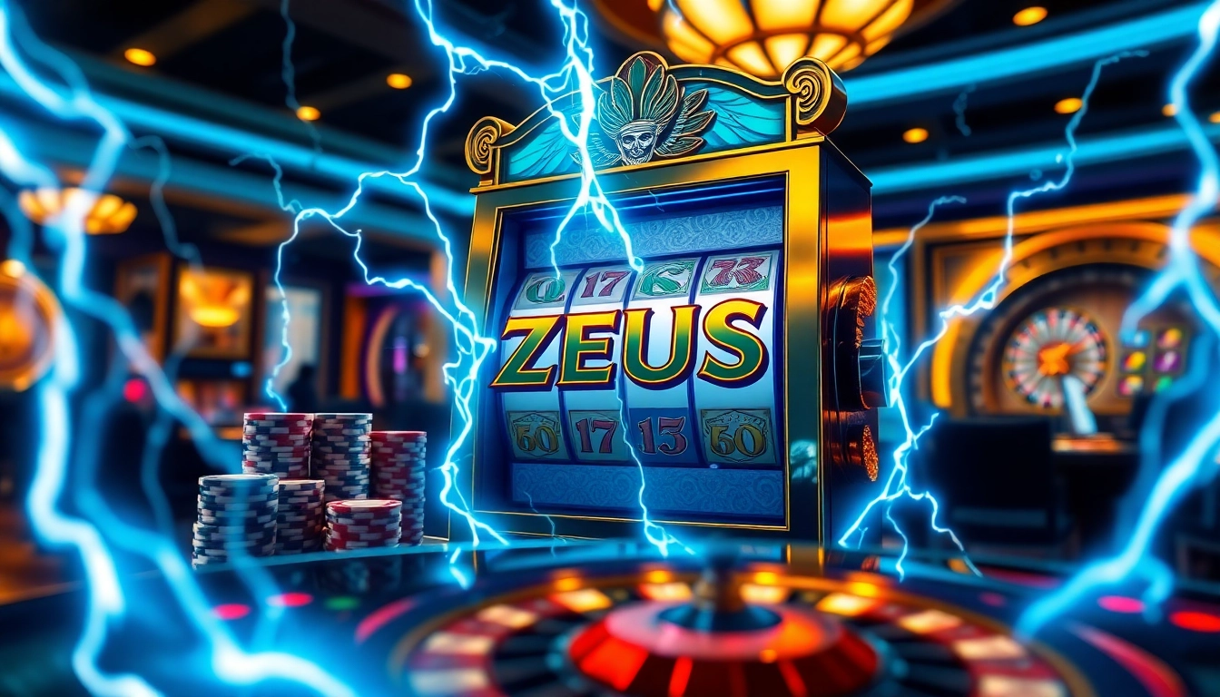 Player enjoying the Zeus slot, surrounded by vibrant casino elements and thrilling atmosphere.
