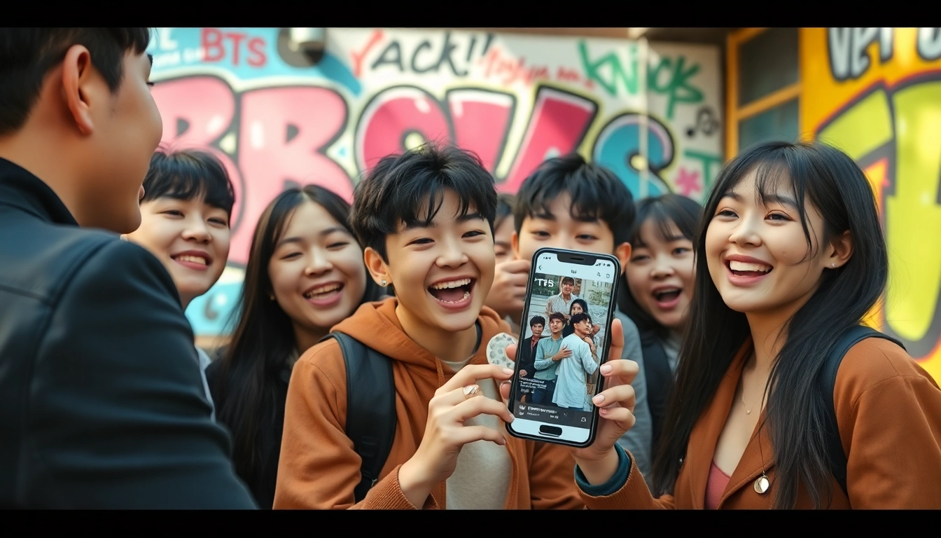 Fans engaged in BTS news discussions with excitement and colorful graffiti backdrop.