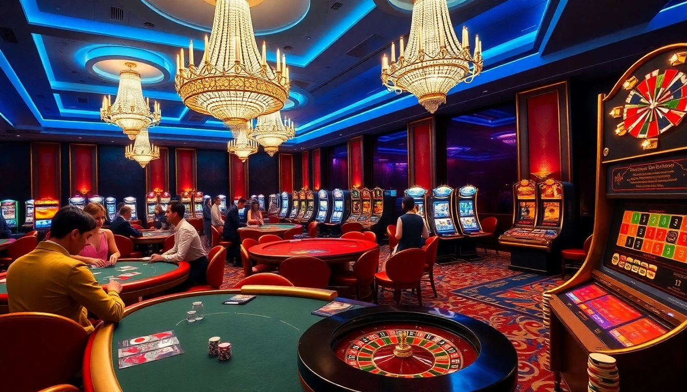 Kjc88 casino scene with players at tables, roulette wheel, and colorful slot machines.