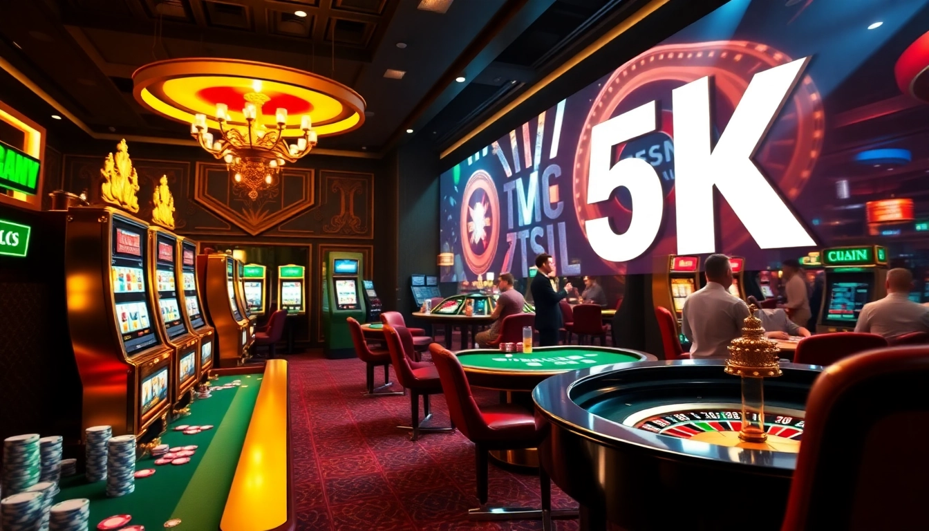 Situs Deposit 5k ditampilkan pada antarmuka perjudian online yang elegan dengan elemen kasino yang hidup berwarna-warni.