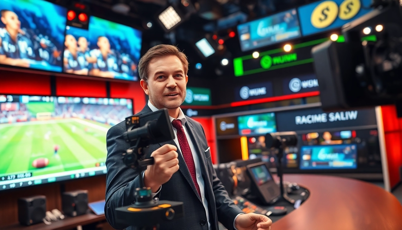 Sports Broadcasting in an advanced studio setting with a dynamic host engaging the audience.