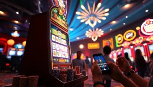 Experience thrilling victories with slot deposit pulsa at the dynamic casino, featuring vibrant slot machines and poker chips.