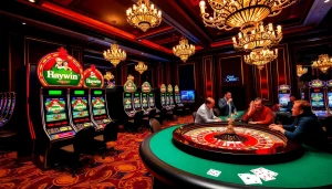 Experience thrilling gameplay at Haywin casino with vibrant slot machines and engaging card tables.