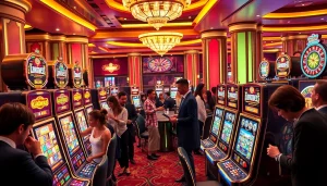 Pemain berinteraksi dengan mesin slot yang menarik yang menampilkan opsi deposit 1K dan suasana kasino yang hidup.