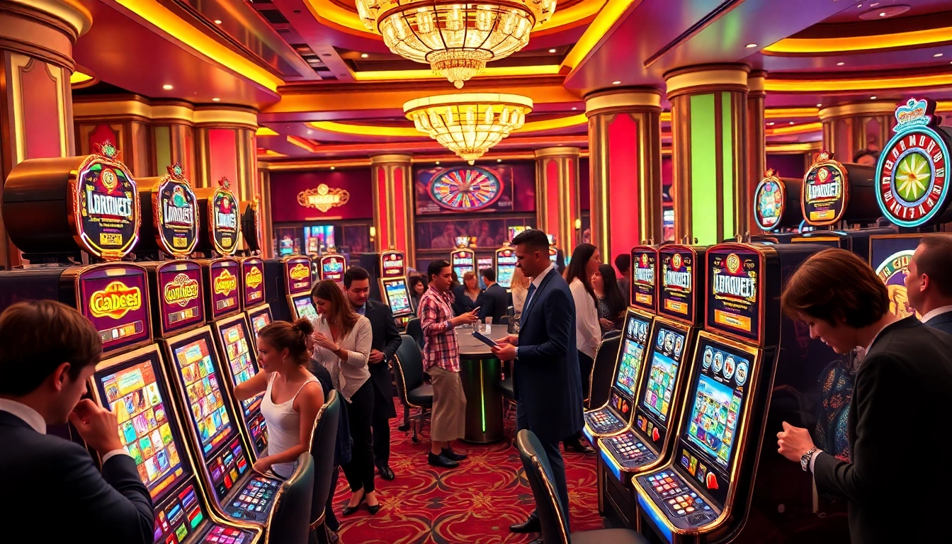 Pemain berinteraksi dengan mesin slot yang menarik yang menampilkan opsi deposit 1K dan suasana kasino yang hidup.