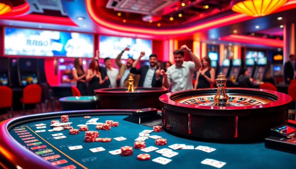 RR88 players enjoying a thrilling casino experience with roulette and poker elements.