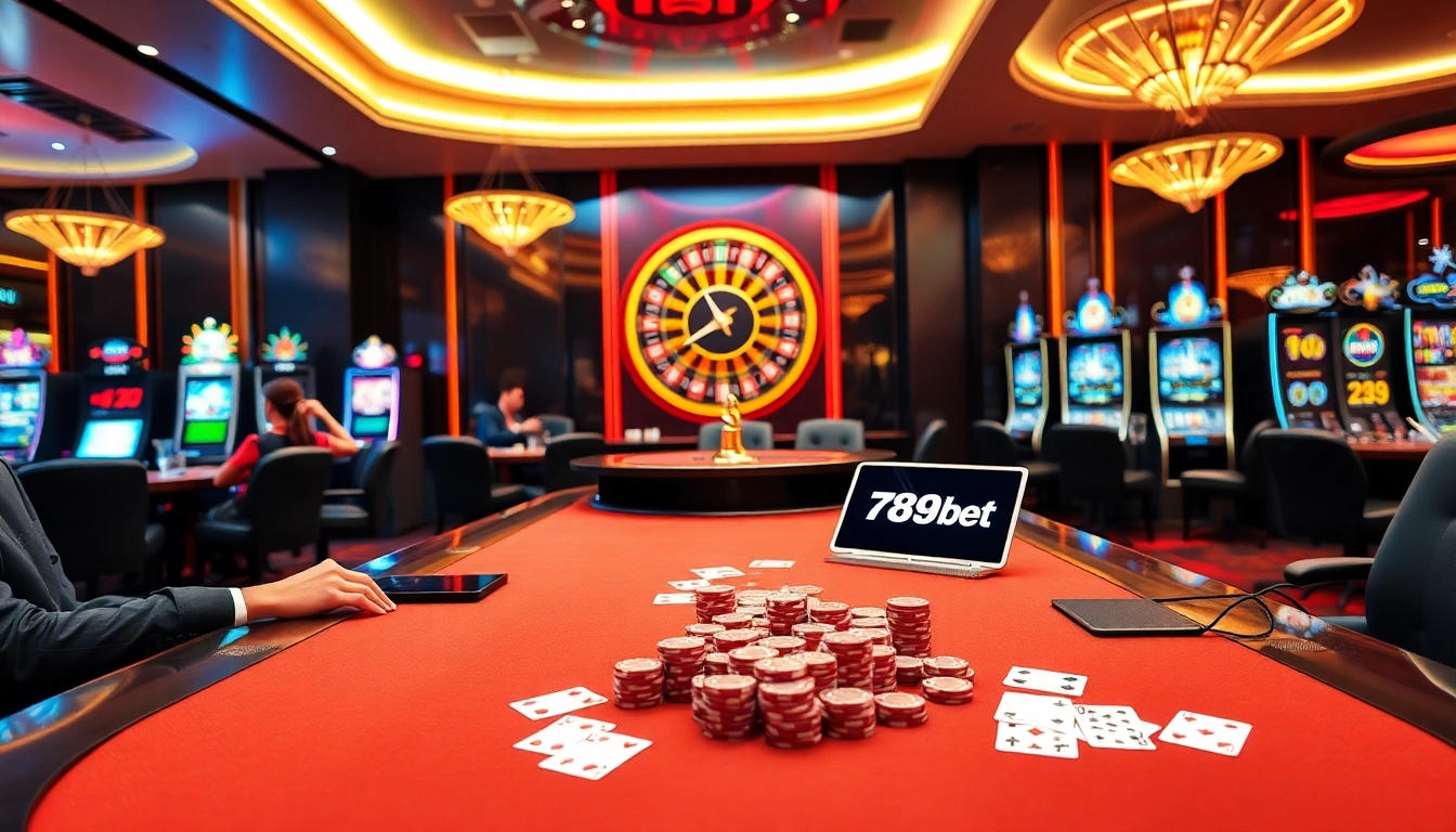 Players enjoying a game at nhà cái 789bet casino with vibrant cards and poker chips.