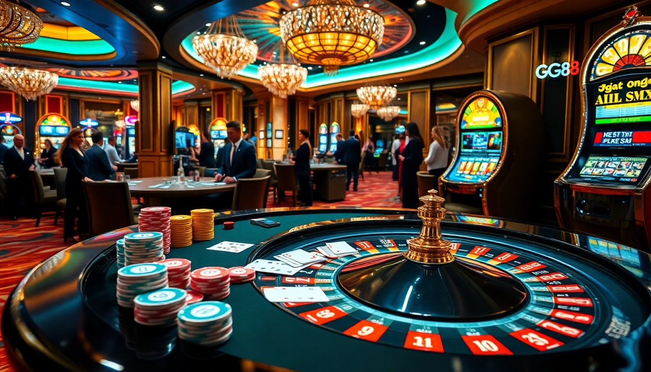 Players strategizing at GG88-themed casino tables, surrounded by vibrant gaming elements.