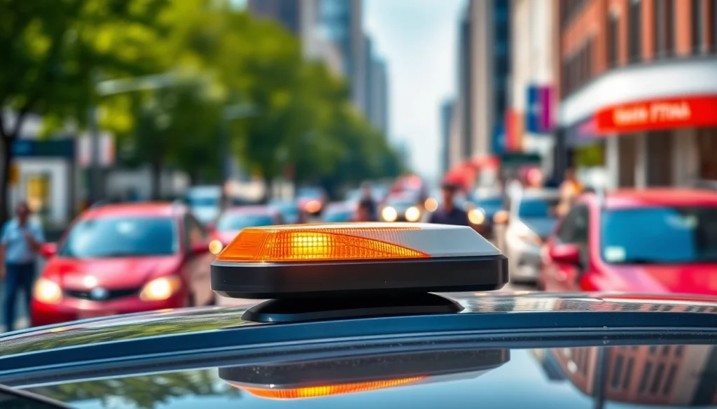 Warnleuchte V16 auf dem Autodach in leuchtendem Gelb-Orange, um Sicherheit zu gewährleisten.