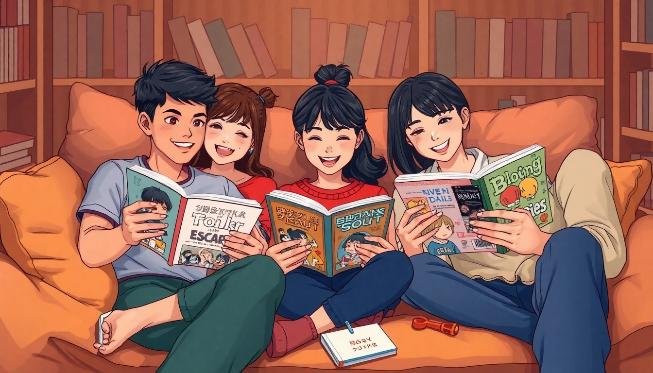 newtoki 웹툰을 즐기는 다양한 젊은이들로 가득한 아늑한 독서 공간