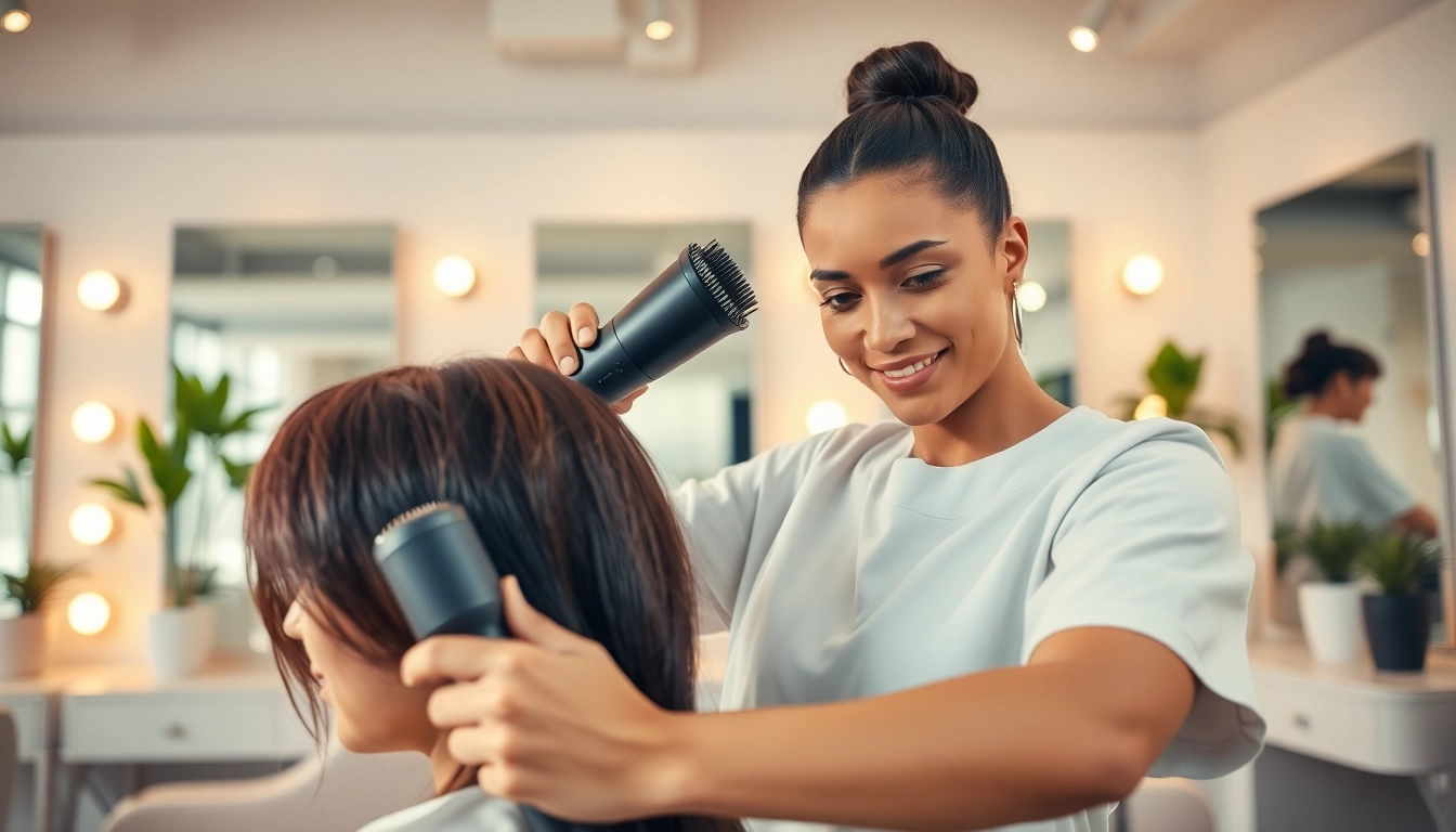 Skilled hairstylist bucuresti working on a client's hairstyle in a chic salon setting.