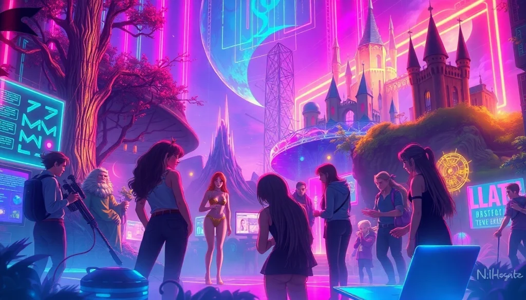 Engaging NSFW roleplay scene showcasing diverse characters in a vibrant digital landscape.