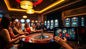 Players enjoying a thrilling experience at MM88's luxurious casino with roulette and slot machines.