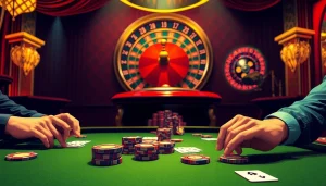 Experience the thrilling excitement of gambling at Haywin's vibrant casino tables with poker chips and cards.